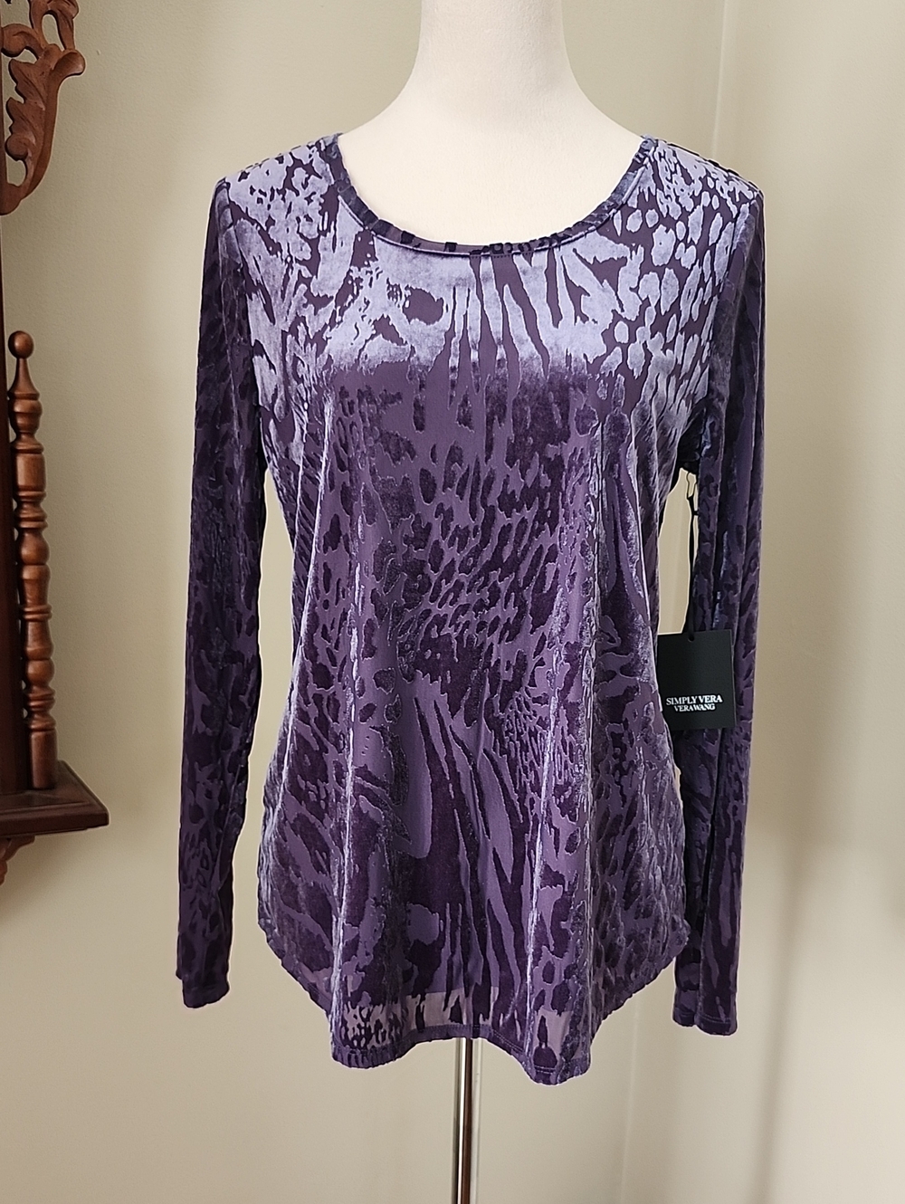 Simply Vera Vera Wang Purple Velvet Animal-Print Long-Sleeve Top, M